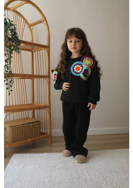 Yeni Sezon Yumuşacık 3 Iplik Polarlı Motif Nakış Işlemeli Siyah Renk Sweatshirt - Eşofman Alt Üst Takım fiyatları