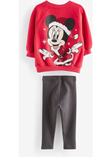 Yeni Sezon Mickey Baskılı Sırt Payet Detaylı Fitilli Tayt Alt Üst Takım Kırmızı Renk Noel