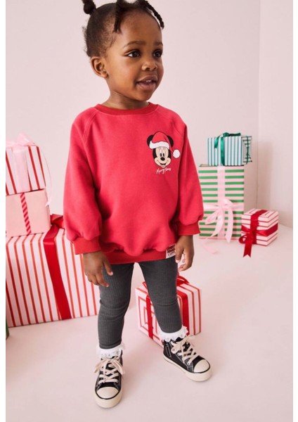 Yeni Sezon Mickey Baskılı Sırt Payet Detaylı Fitilli Tayt Alt Üst Takım Kırmızı Renk Noel modelleri