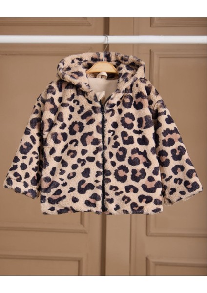 Yeni Sezon Kız Çocuk Yumuşacık Leopar Desen Astarlı Peluş Kürk Mont Fermuar Kapamalı / Mont - Kaban