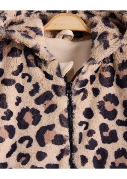 Yeni Sezon Kız Çocuk Yumuşacık Leopar Desen Astarlı Peluş Kürk Mont Fermuar Kapamalı / Mont - Kaban