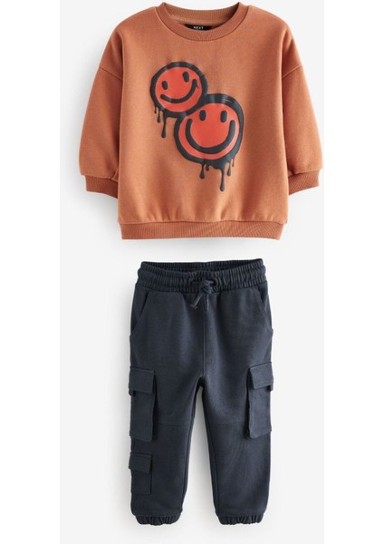 Erkek Çocuk Smile Desenli Kışlık 3 Iplik Pamuklu Sweatshirt Kargo Eşofman Alt-Üst Takım