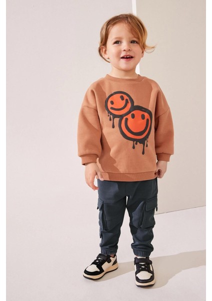 Erkek Çocuk Smile Desenli Kışlık 3 Iplik Pamuklu Sweatshirt Kargo Eşofman Alt-Üst Takım