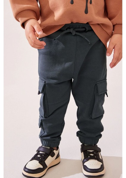 Erkek Çocuk Smile Desenli Kışlık 3 Iplik Pamuklu Sweatshirt Kargo Eşofman Alt-Üst Takım