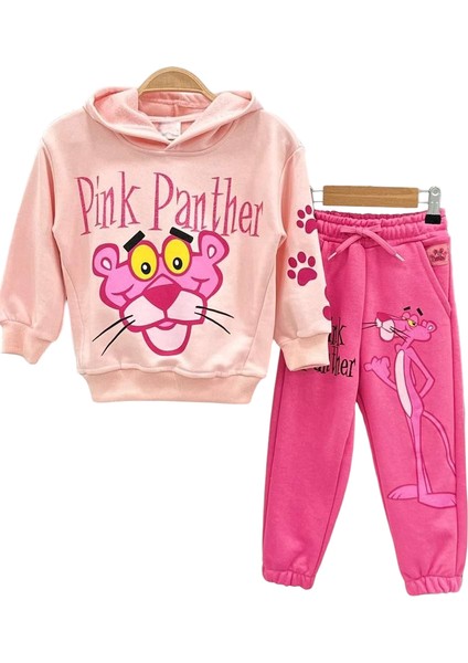 Kız Çocuk Pembe Panter Basklılı Kapişonlu Sweatshirt Baskılı Pembe Renk Bel Ayarlı Eşofman Alt Üst Takım