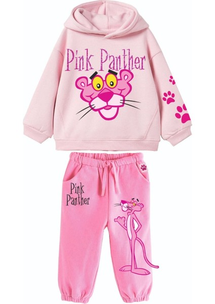 Kız Çocuk Pembe Panter Basklılı Kapişonlu Sweatshirt Baskılı Pembe Renk Bel Ayarlı Eşofman Alt Üst Takım