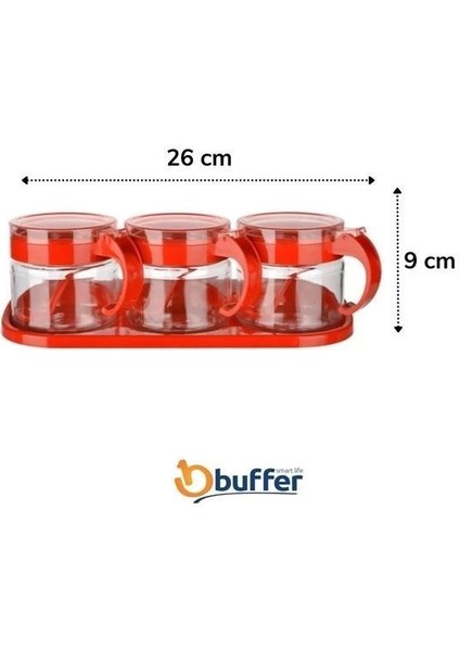 Yeni Kr Kırmızı 3lü Standlı Kapaklı Kaşıklı Cam Hava Sızdırmaz Baharatlık Takımı KC-386 Kampanya