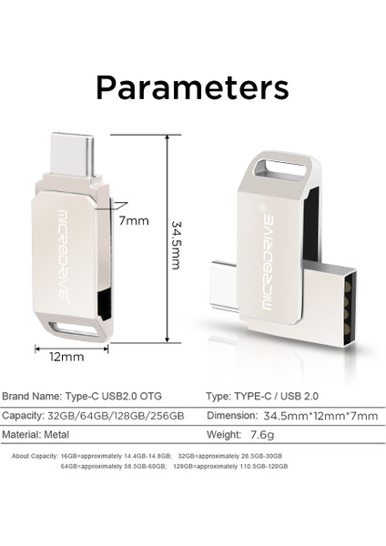 16Gb.Type-C ve Usb 2.0 Usb Flash Bellek Çift Giriş Otg Metal Sağlam Orjinal