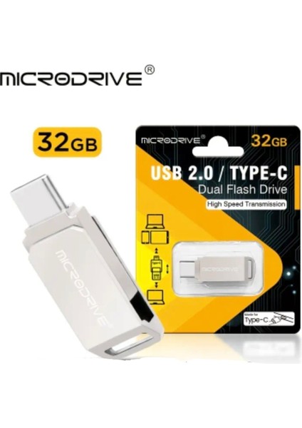 32Gb.Type-C ve Usb 2.0 Usb Flash Bellek Çift Giriş Otg Metal Sağlam Orjinal