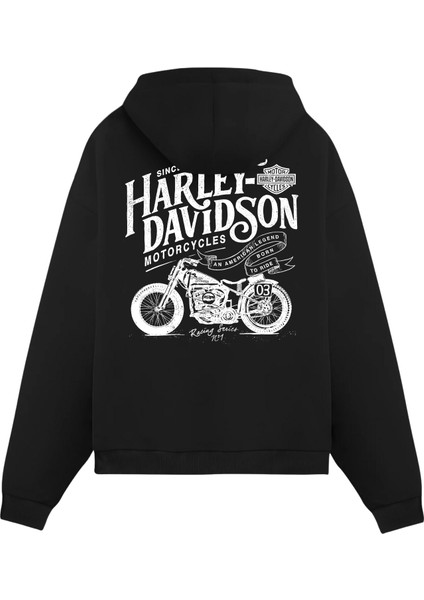 Unisex Siyah Harley Davidson Baskılı Oversize Fit Pamuklu Kapüşonlu Sweatshirt