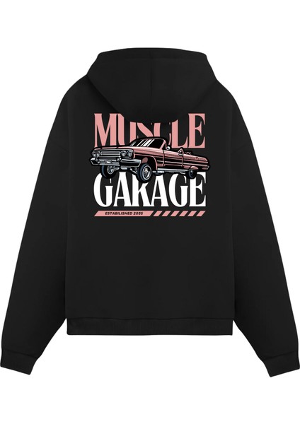 Siyah Baskılı Oversize Fit Pamuklu Kapüşonlu Sweatshirt