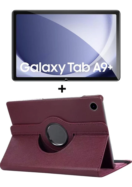 Samsung Galaxy Tab A9 Plus 11' 2023 360° Dönebilen Standlı Suni Deri Kılıf + Nano Cam Ekran Koruyucu