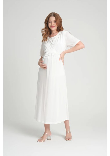 Pamuklu Kruvaze Emzirme Bölmeli Pijama Sabahlık