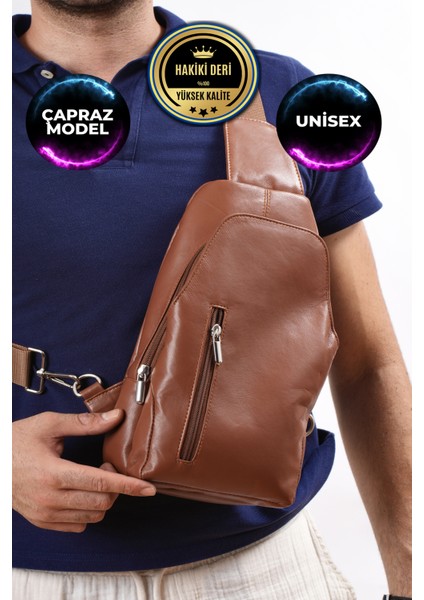 Unisex Taba Hakiki Deri Çapraz Badybag Omuz ve Göğüs Çantası (Usb Çıkışlı)