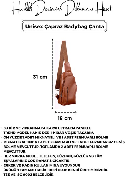 Unisex Taba Hakiki Deri Çapraz Badybag Omuz ve Göğüs Çantası (Usb Çıkışlı)