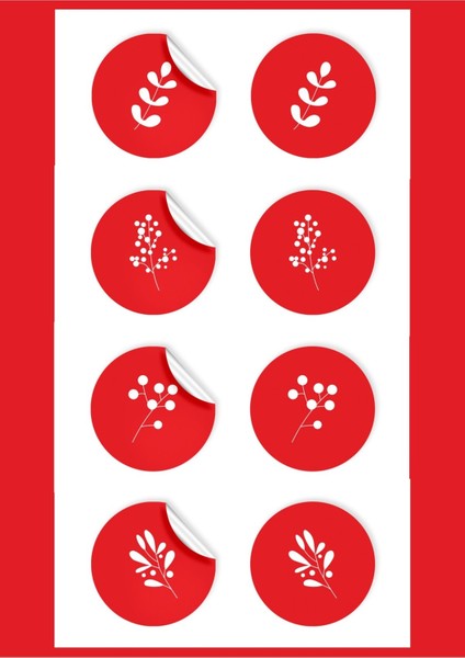 Yılbaşı Temalı Kuşe Sticker Çiçek Desenli Kırmızı Zeminli (4X4CM) 48 Adet