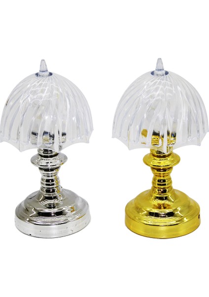 Pilli Mini Şemsiye Modeli LED Lamba Abajur Mika Kristal Başlık - Gold - Krom Ayak (4825)