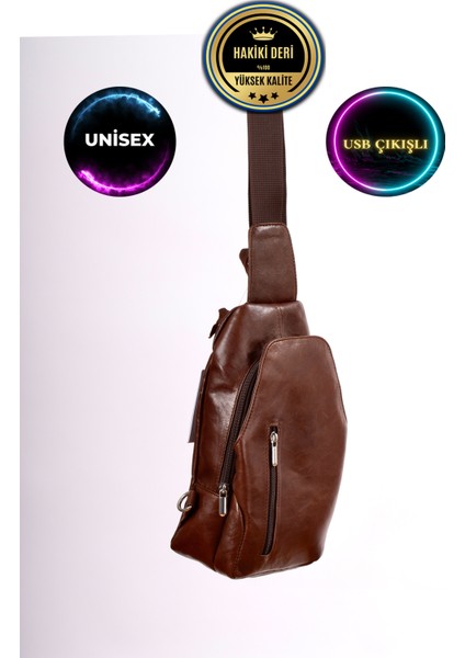 Unisex Kahverengi Hakiki Deri Çapraz Badybag Omuz ve Göğüs Çantası (Usb Çıkışlı)