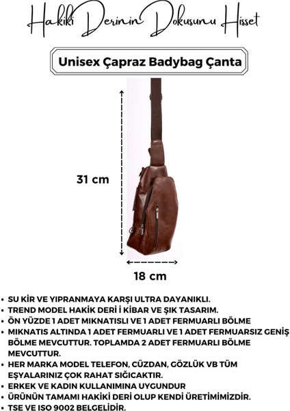 Unisex Kahverengi Hakiki Deri Çapraz Badybag Omuz ve Göğüs Çantası (Usb Çıkışlı)