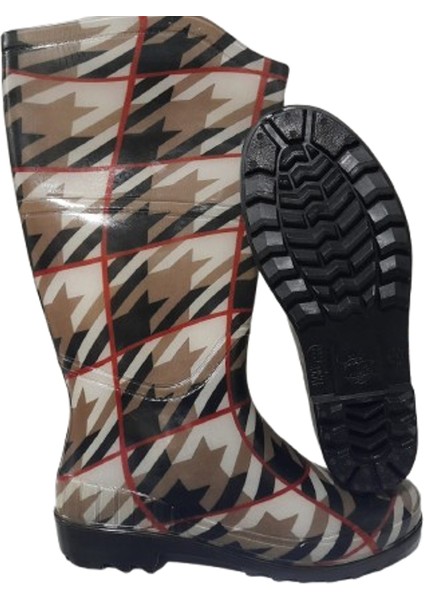 Kadın Bej-Kırmızı Çizgili 35 cm Uzun Bahçe Yağmur Çizmesi EMKK309-210 fırsatları