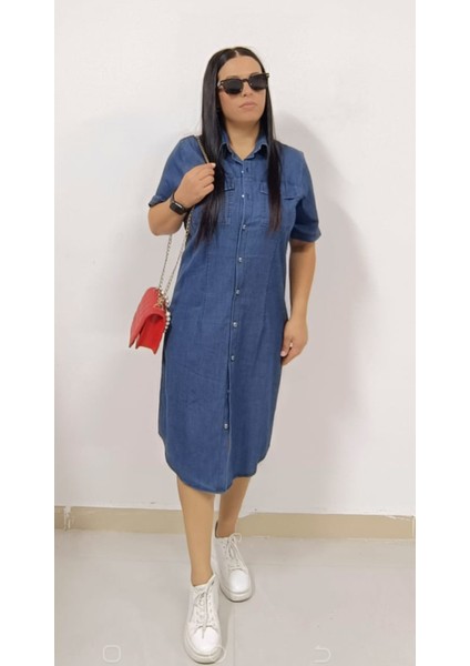 Büyük Beden Ince Kot Denim Kumaş Boydan Düğmeli Iki Cepli Kısa Kol Jeans Elbise fiyatları