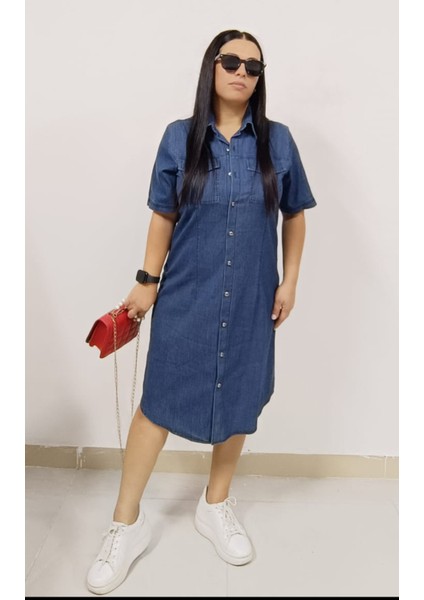 Büyük Beden Ince Kot Denim Kumaş Boydan Düğmeli Iki Cepli Kısa Kol Jeans Elbise modelleri