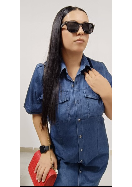 Büyük Beden Ince Kot Denim Kumaş Boydan Düğmeli Iki Cepli Kısa Kol Jeans Elbise fırsatları