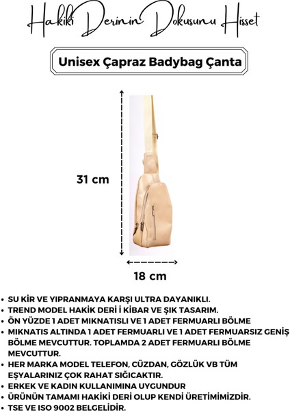 Unisex Krem Hakiki Deri Çapraz Badybag Omuz ve Göğüs Çantası (Usb Çıkışlı)