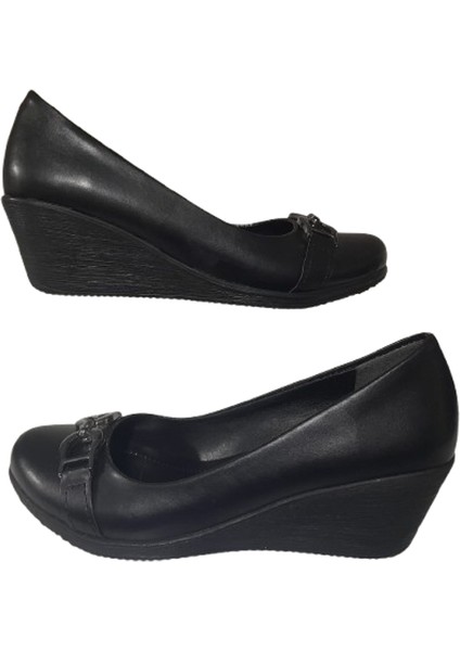 Kadın Siyah Metal Işlemeli Kısa Dolgu Topuklu Abiye Ayakkabı