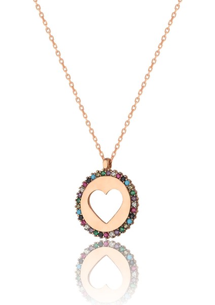 Gümüş Zirkon Taşlı Rose Kalp Modeli Kolye