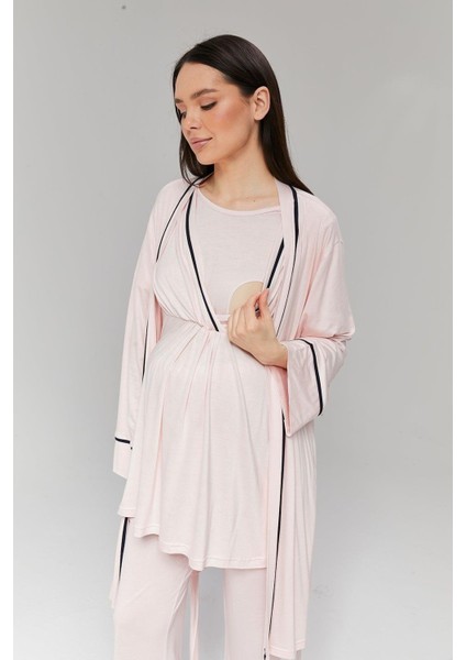 Pamuklu Biyeli Kruvaze Emzirme Bölmeli Pijama Sabahlık