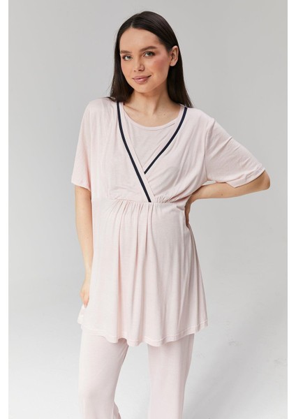 Pamuklu Biyeli Kruvaze Emzirme Bölmeli Pijama Sabahlık