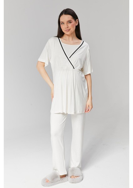 Pamuklu Biyeli Kruvaze Emzirme Bölmeli Pijama Sabahlık