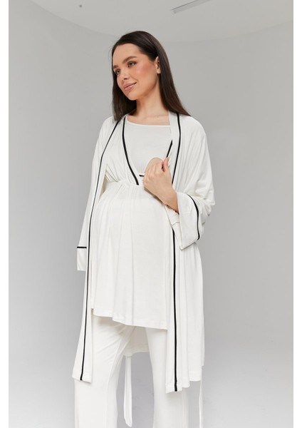 Pamuklu Biyeli Kruvaze Emzirme Bölmeli Pijama Sabahlık