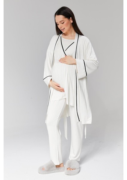 Pamuklu Biyeli Kruvaze Emzirme Bölmeli Pijama Sabahlık