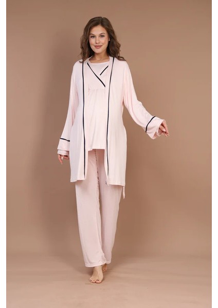 Pamuklu Biyeli Kruvaze Emzirme Bölmeli Pijama Sabahlık