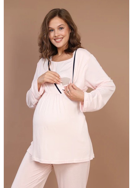 Pamuklu Biyeli Kruvaze Emzirme Bölmeli Pijama Sabahlık