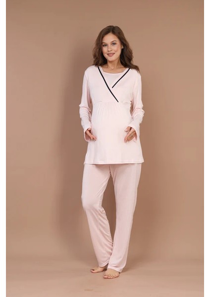 Pamuklu Biyeli Kruvaze Emzirme Bölmeli Pijama Sabahlık