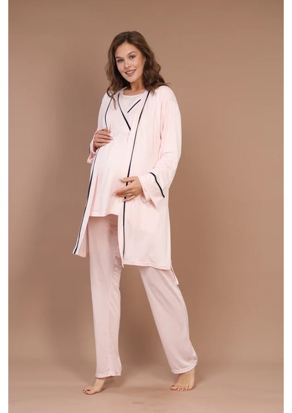 Pamuklu Biyeli Kruvaze Emzirme Bölmeli Pijama Sabahlık
