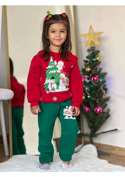 Çocuk Yılbaşı Temalı Eşofman Takım Kırmızı SNM01
