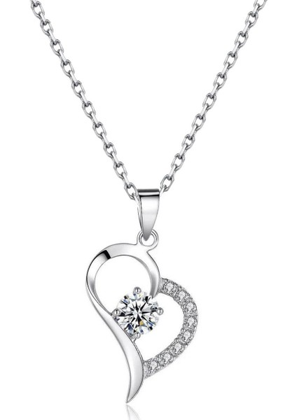 Gümüş Zirkon Taşlı Bayan Kalp Gümüş Kolye Beyaz Taş