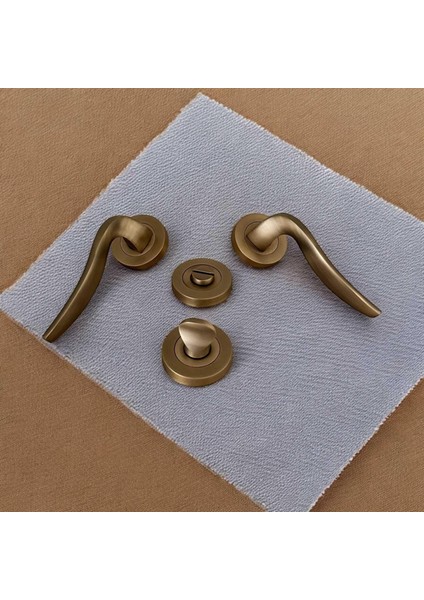 Trim Mat Antik Sarı Yuvarlak Rozetli Wc Banyo Kapı Kolu 1 Takım