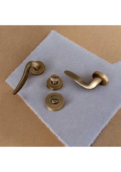 Trim Mat Antik Sarı Yuvarlak Rozetli Wc Banyo Kapı Kolu 1 Takım