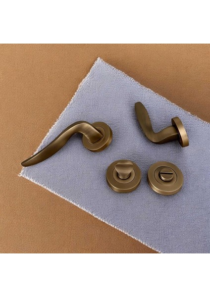 Trim Mat Antik Sarı Yuvarlak Rozetli Wc Banyo Kapı Kolu 1 Takım