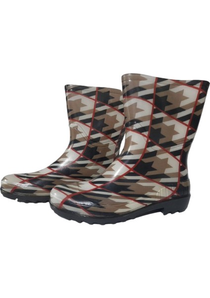 Kadın Bej-Kırmızı Çizgili 23 cm Kısa Bahçe Yağmur Çizmesi fiyatları