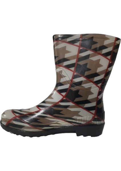 Kadın Bej-Kırmızı Çizgili 23 cm Kısa Bahçe Yağmur Çizmesi modelleri