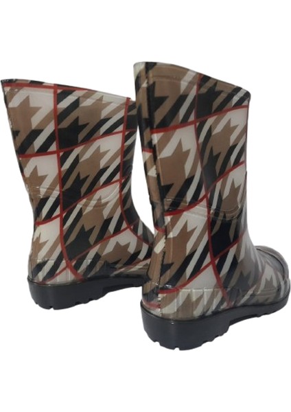 Kadın Bej-Kırmızı Çizgili 23 cm Kısa Bahçe Yağmur Çizmesi fırsatları