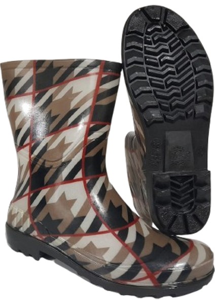 Kadın Bej-Kırmızı Çizgili 23 cm Kısa Bahçe Yağmur Çizmesi indirimleri
