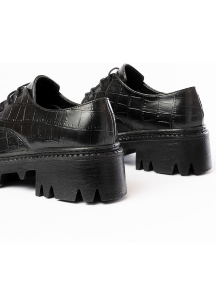 868-754 Siyah Kroko Bağcıklı Günlük Yüksek Tabanlı Loafer Ayakkabı modelleri