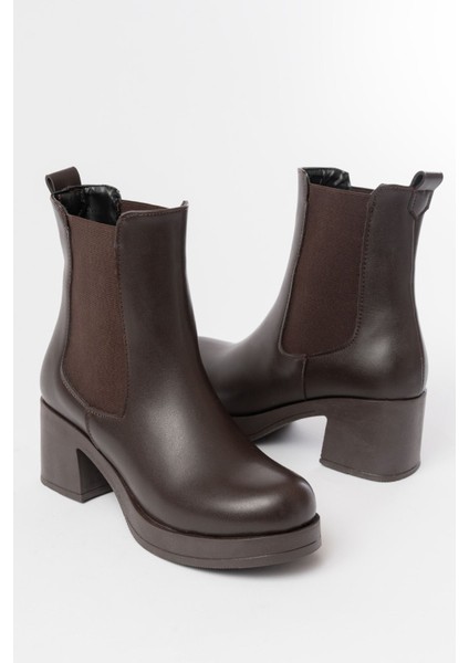 5109-3056 Kahverengi Lastikli Fermuarlı Kalın Topuklu Günlük Kadın Bot indirimleri